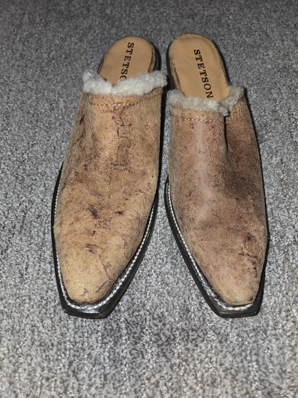 Stetson Western Mules burnished tan suede leather cozy faux-shearling lining